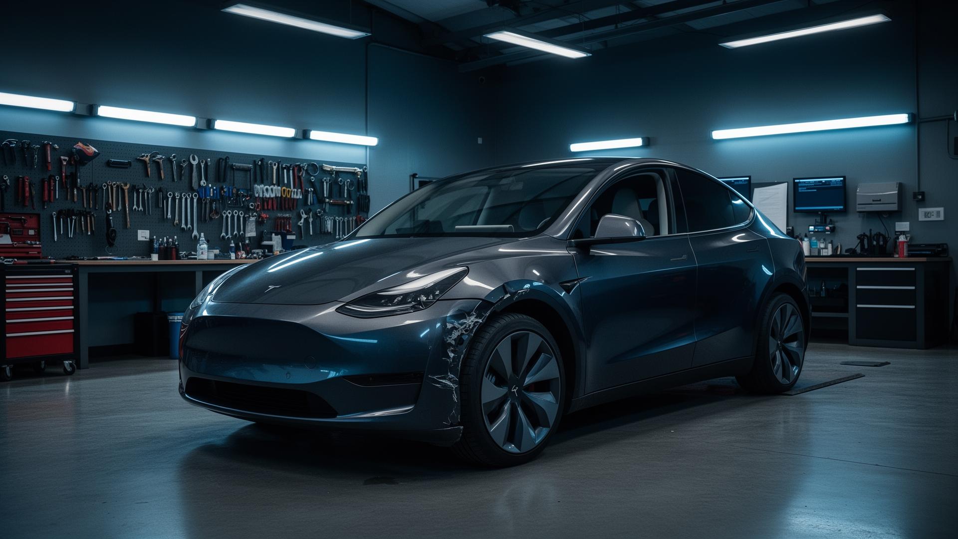 Repairable Tesla Model Y in a modern workshop